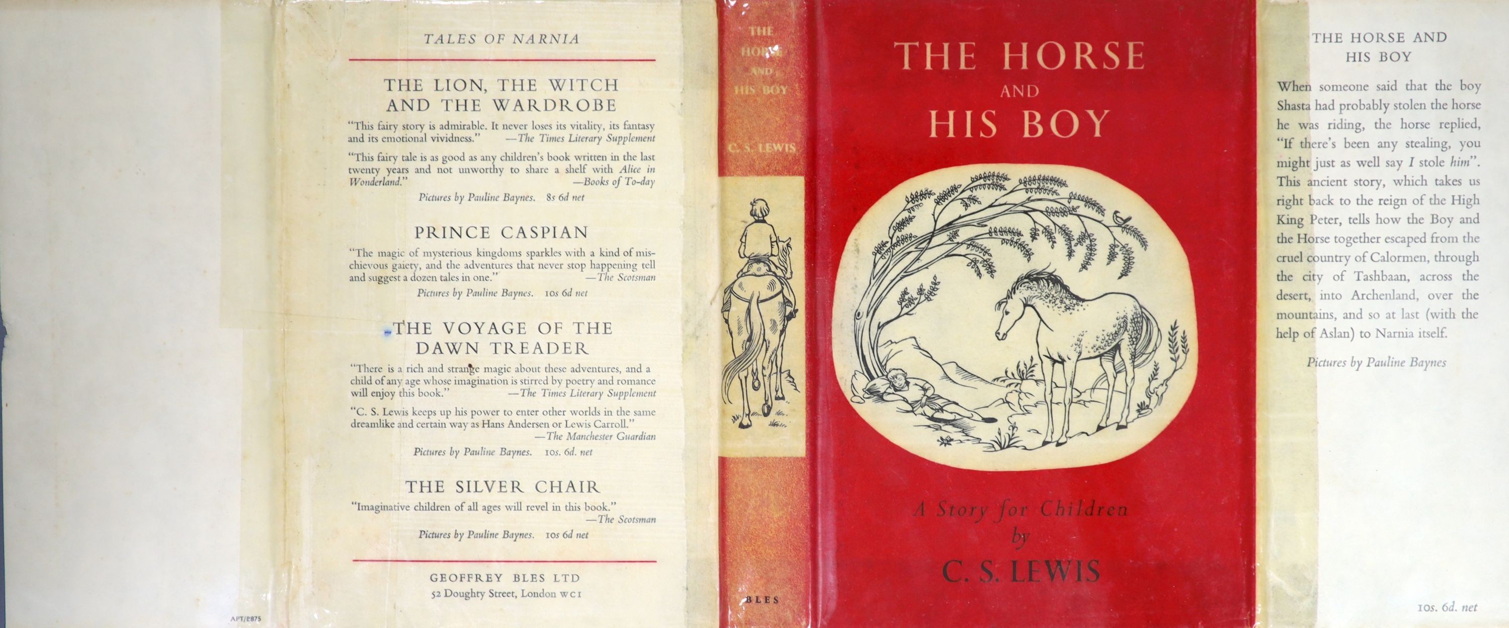 Lewis, Clive Staples - The Horse and His Boy, 1st edition, 8vo, illustrated by Pauline Baynes, frontis plate detached, but present, original cloth, in unclipped d/j, Geoffrey Bles, London, 1954